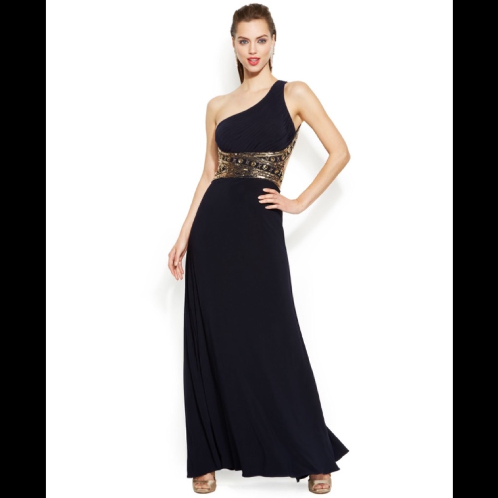 Betsy & Adam One-Shoulder Sequined Gown